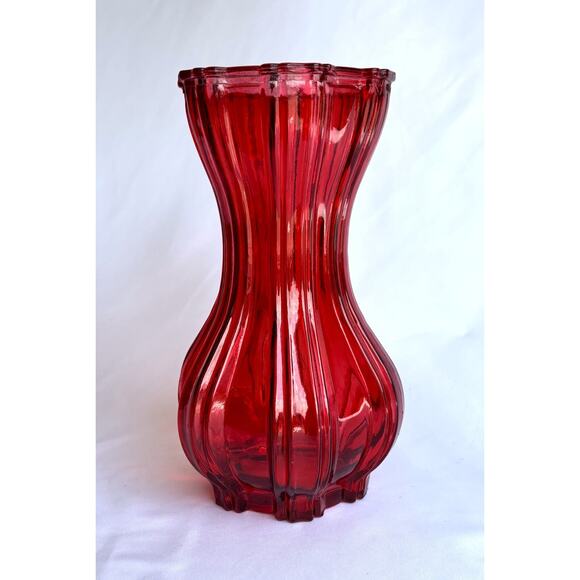 Vintage Red Glass Hourglass Shape Vase with Acorn Logo on bottom - Picture 1 of 7